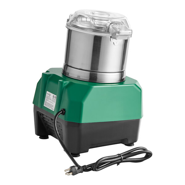 A green and black electric food processor with a stainless steel batch bowl and a clear plastic lid.