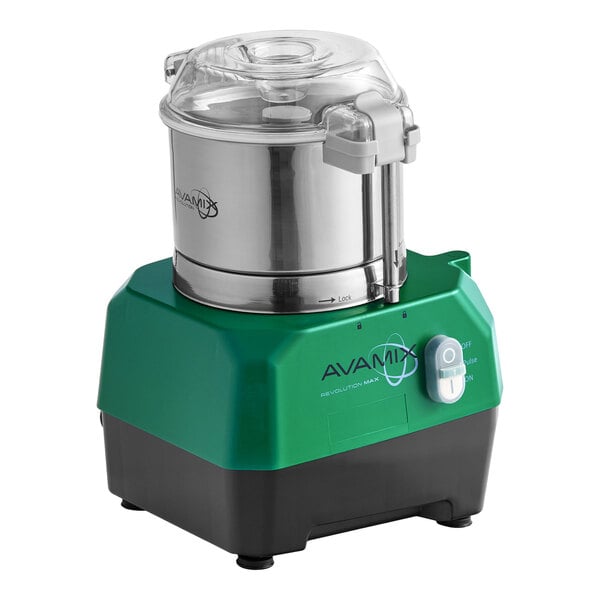 A green and black AvaMix Revolution Max food processor with a stainless steel batch bowl and clear lid.