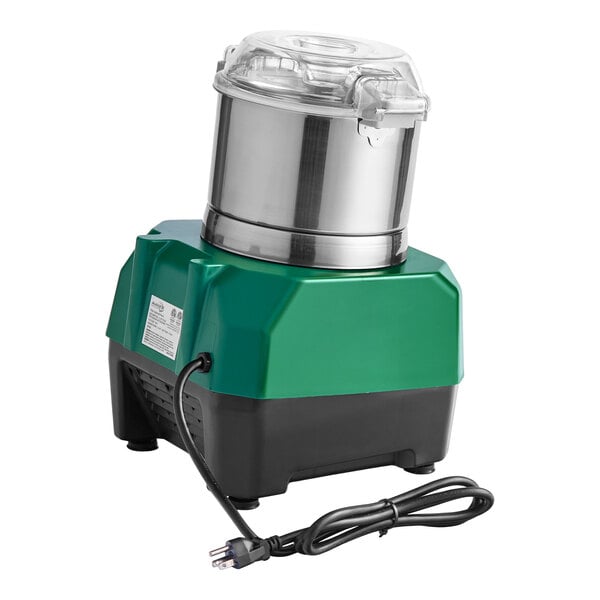 A green and black electric food processor with a stainless steel batch bowl and a clear lid.