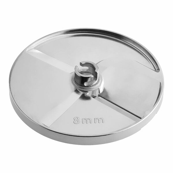 A stainless steel 5/16 inch slicing disc for the AvaMix Revolution Max Series food processor.