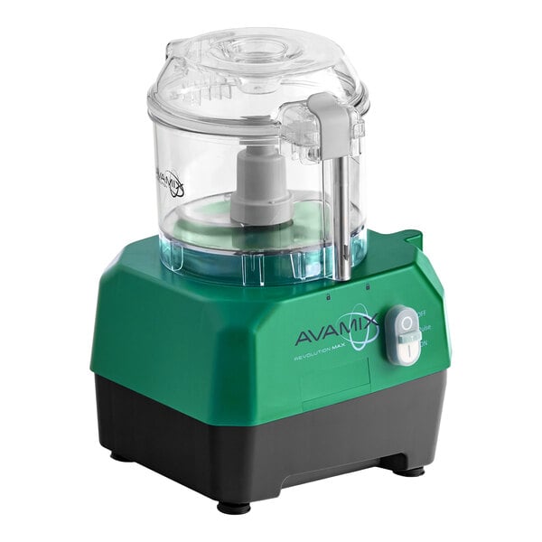 A green and black AvaMix Revolution Max food processor with a clear plastic 3-quart batch bowl and control switch.