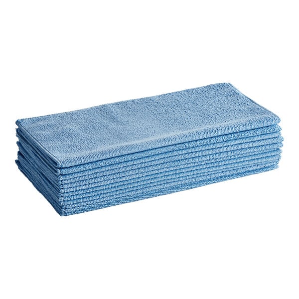 A stack of blue Lavex microfiber cloths.