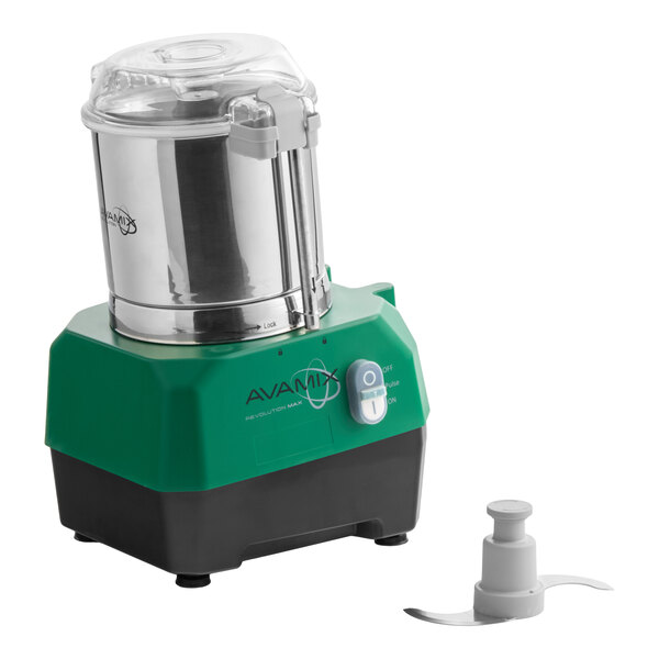 A stainless steel batch bowl food processor with a green and black base and an additional blade attachment.