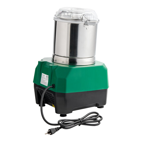 A stainless steel batch bowl food processor with a green and black base and a clear lid.