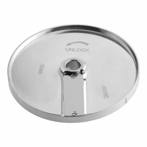 A stainless steel 3/8 inch slicing disc for the AvaMix Revolution Max Series food processor.