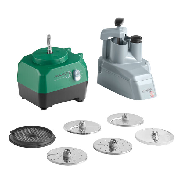 A commercial food processor with a green and gray base, multiple feed chutes, and six interchangeable metal discs.