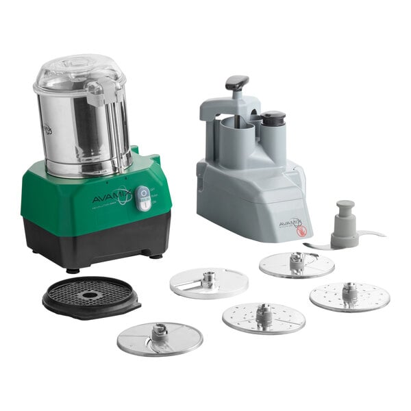 A combination food processor set with a stainless steel bowl, continuous feed attachment, and six metal discs.