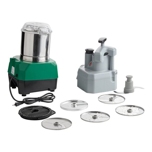 A combination food processor set with a stainless steel bowl, continuous feed attachment, and six metal discs.