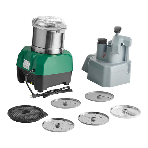 A commercial combination food processor with a stainless steel bowl, continuous feed attachment, and six interchangeable discs.