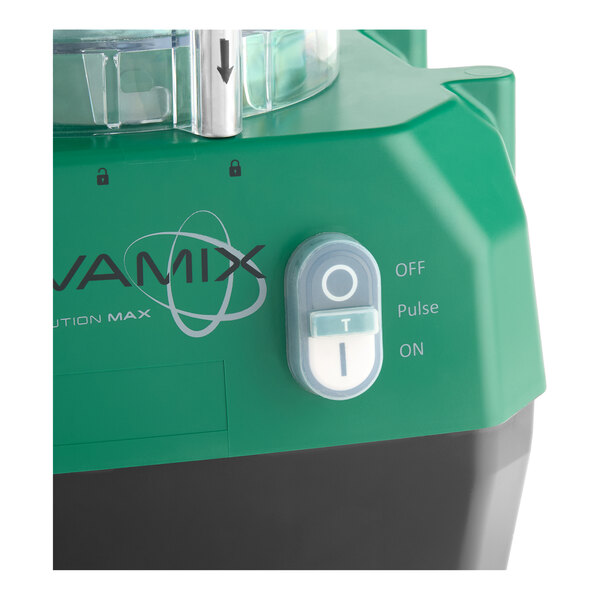 A green AvaMix Revolution Max combination food processor with a control switch and clear plastic bowl.