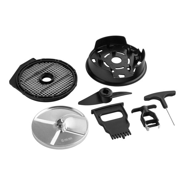 A dicing and cleaning kit with various plastic and metal components for the AvaMix Revolution Max Series.