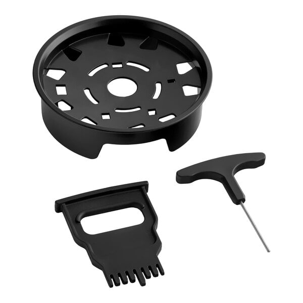 A cleaning kit for the AvaMix Revolution Max Series, including a round black cleaning disc, a brush, and a tool with a handle.