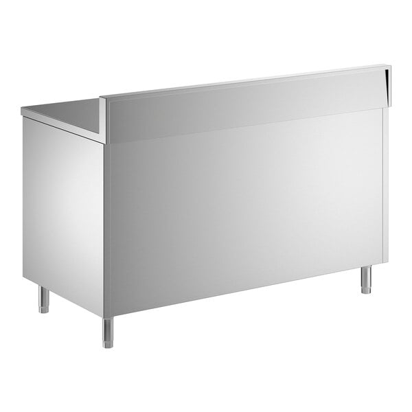 A stainless steel enclosed base table with sliding doors, a midshelf, and a 6-inch backsplash.