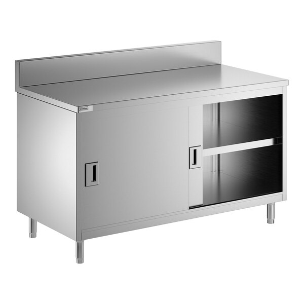 A stainless steel enclosed base table with sliding doors, a midshelf, and a 6-inch backsplash.