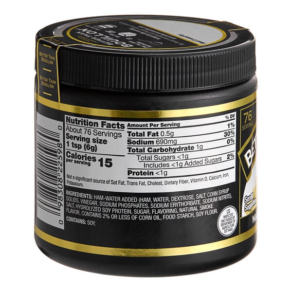 A black jar of Better Than Bouillon Premium Baked Ham Flavor Base with a white label.