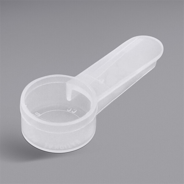 A close-up of a polypropylene scoop with a short handle.