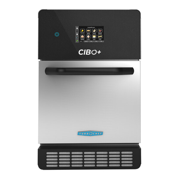 A stainless steel TurboChef CIBO+ rapid cook oven with touchscreen controls on a counter.