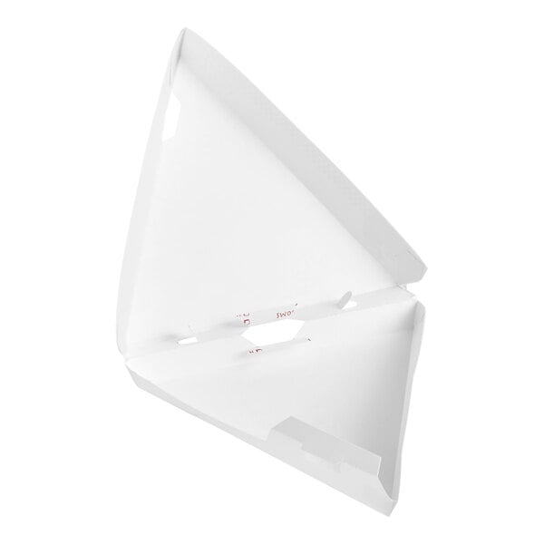 A white pizza box with a triangle shape and red text.