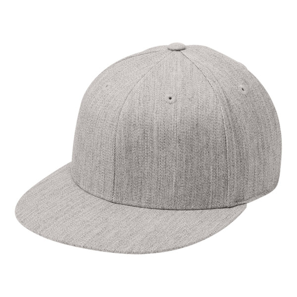 A close-up of a heather gray Port Authority flat bill cap.