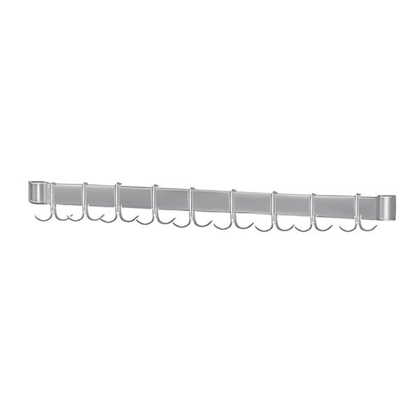 An Advance Tabco stainless steel utensil rack with hooks.