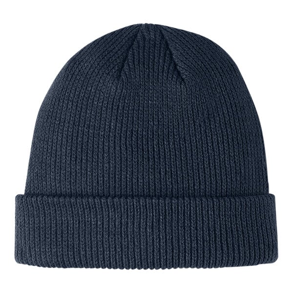 A navy blue knit beanie from Port Authority on a white background.