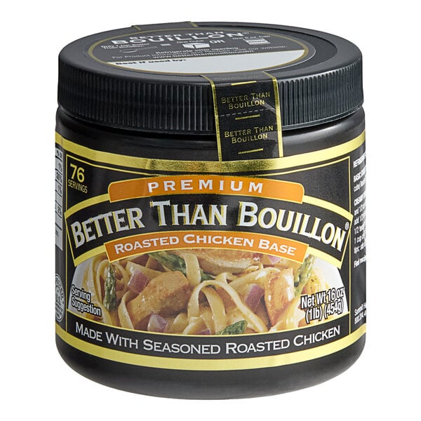 A black jar of Better Than Bouillon Premium Roasted Chicken Flavor with a yellow label.