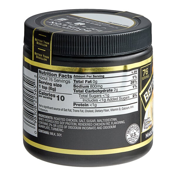 A black container of Better Than Bouillon Premium Roasted Chicken Flavor Base with a white label and yellow accents.