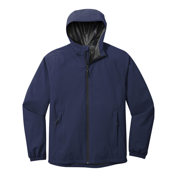 A Port Authority navy rain jacket with a hood.