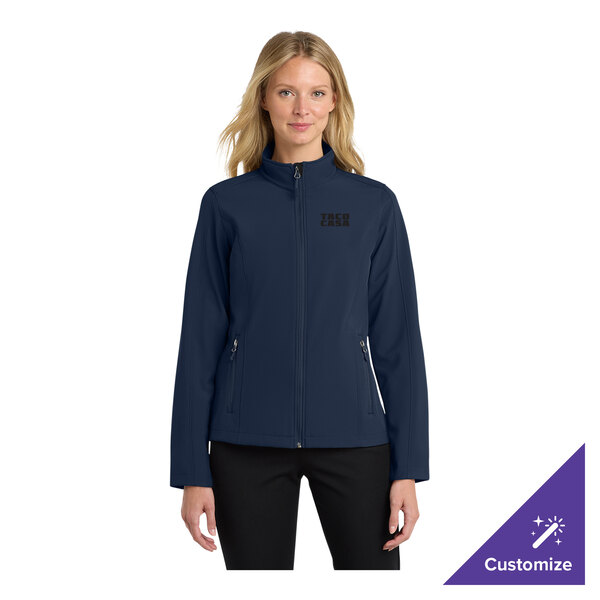 A women's medium dress blue soft shell jacket with a front zipper and zippered pockets.