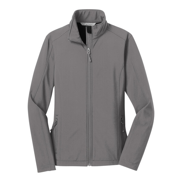 A Port Authority deep smoke soft shell jacket for women with a zipper.