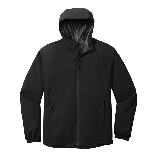 A Port Authority black rain jacket with a hood.