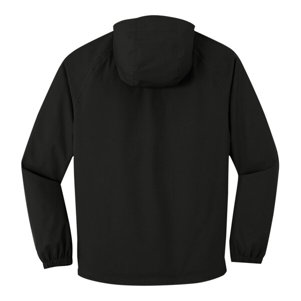 A Port Authority deep black rain jacket with a hood.