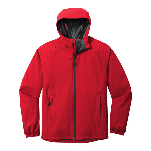 A Port Authority red rain jacket with a black zipper and hood.