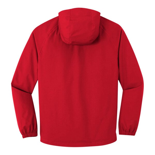 A Port Authority rich red jacket with a hood.