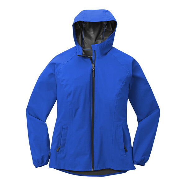 A white background with a 3X true royal blue Port Authority ladies' rain jacket with a hood.