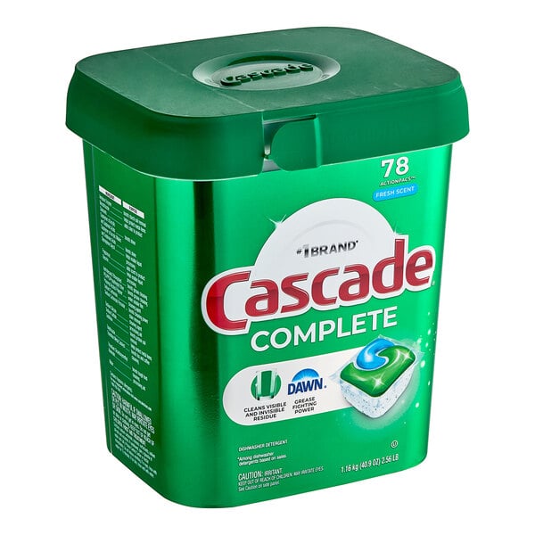 A green container of Cascade Complete ActionPacs with a white label.