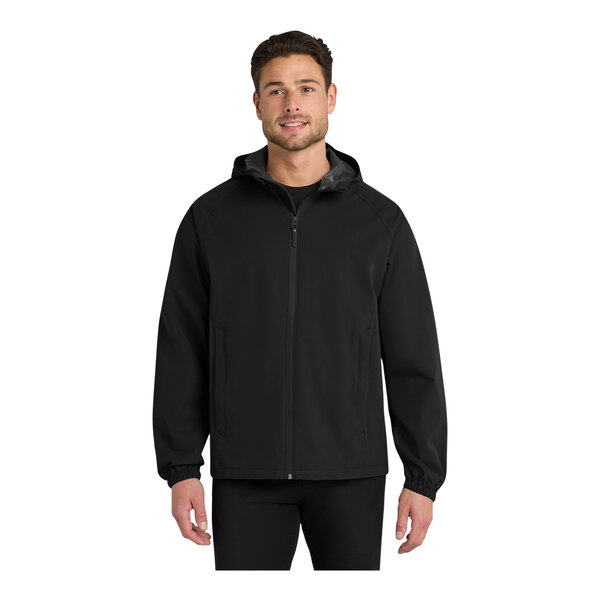 A man wearing a Port Authority black rain jacket.