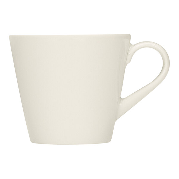 A close-up of a Bauscher Purity white porcelain coffee cup with a handle.