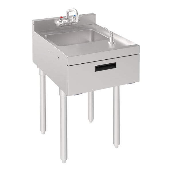 A Krowne stainless steel underbar sink with faucet and soap and towel dispenser.