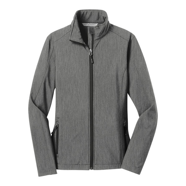 A Port Authority pearl gray heather soft shell jacket for women with a zipper.