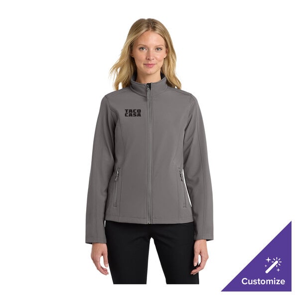 A women's medium deep smoke gray soft shell jacket with zippered pockets and customizable logo on the chest.