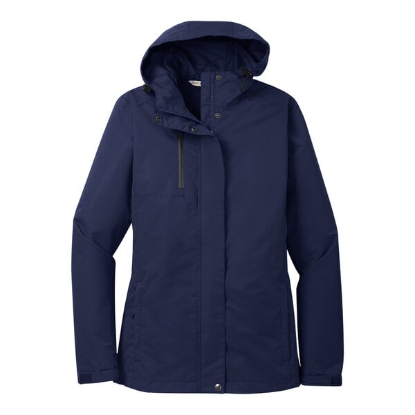 A Port Authority True Navy women's parka jacket with a hood.