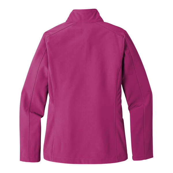 A white background with a pink Port Authority Core Soft Shell Jacket for women.