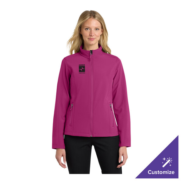 A women's customizable very berry soft shell jacket with a front zipper and zippered pockets.