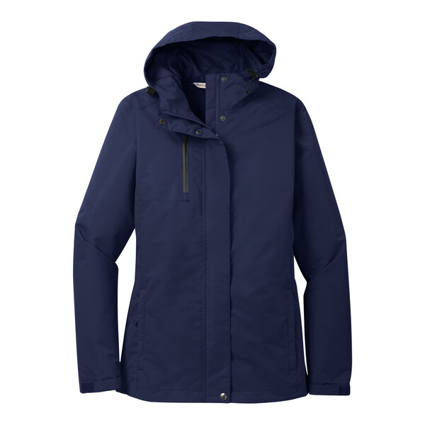 A medium Port Authority navy blue parka jacket for women with a hood.