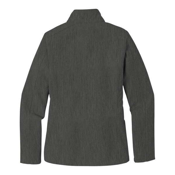 A back view of a black and charcoal heather Port Authority women's core soft shell jacket.