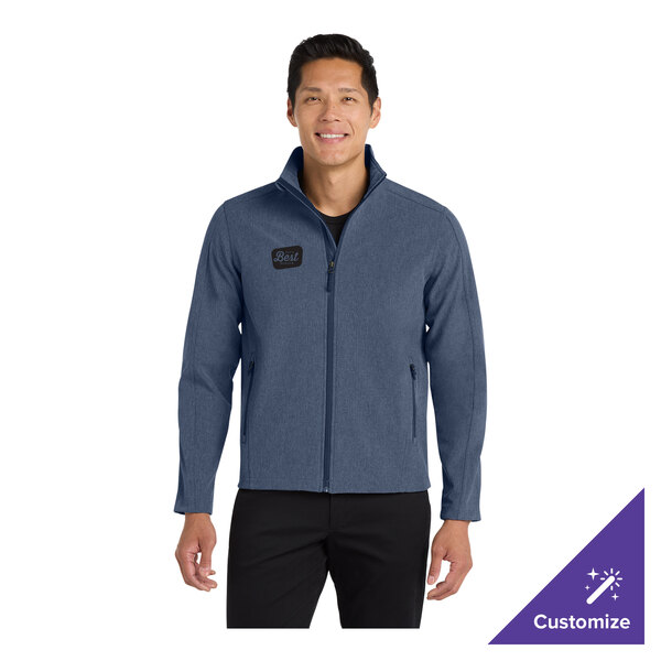 A unisex navy heather soft shell jacket with a customizable logo on the chest.