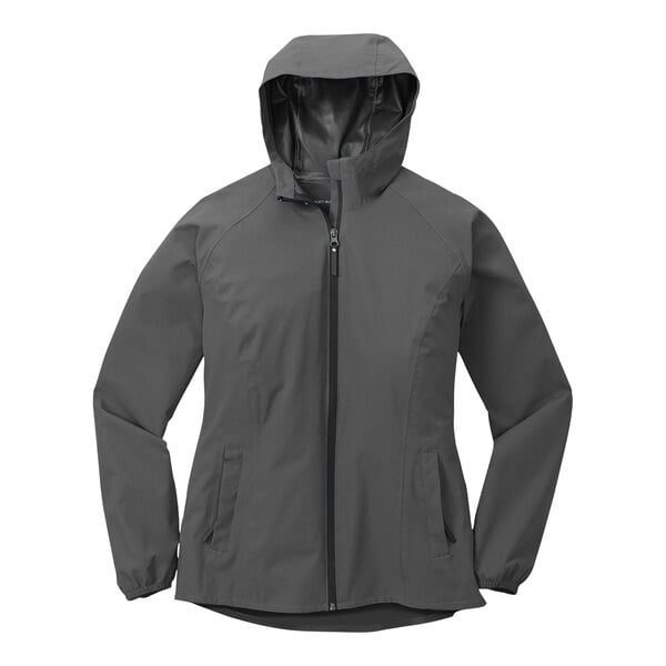 A small graphite Port Authority women's rain jacket with a hood.