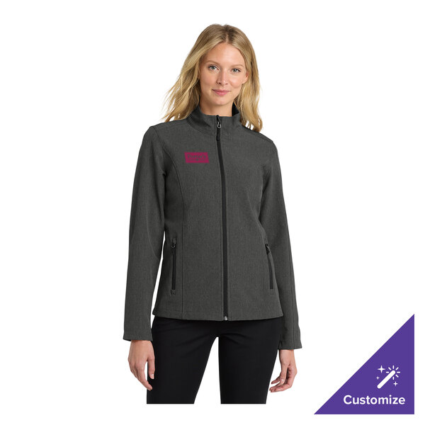 A women's black charcoal heather soft shell jacket with a customizable area on the chest.