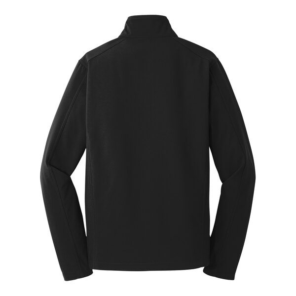 A black Port Authority Core Soft Shell Jacket with long sleeves.